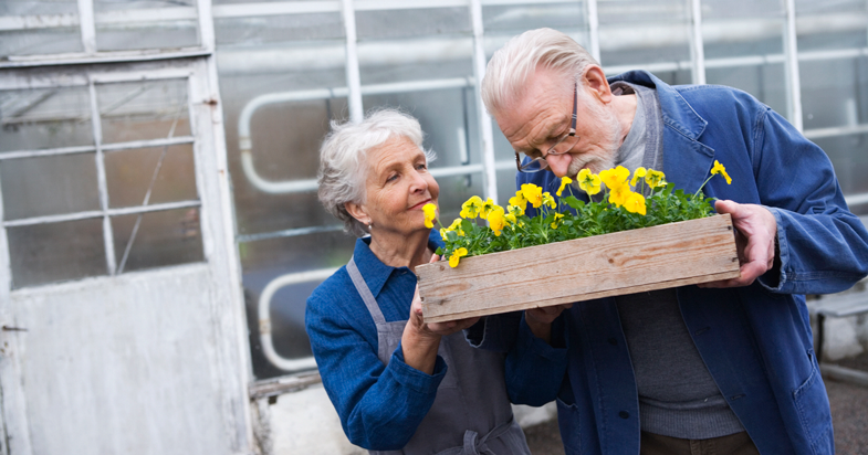 Retired couple holding crate of flowers